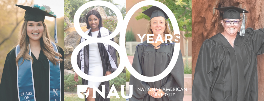 Celebrating 80 Years of National American University. This is a picture of 4 of our recent graduates. They have earned undergraduate and graduate degrees at National American University.